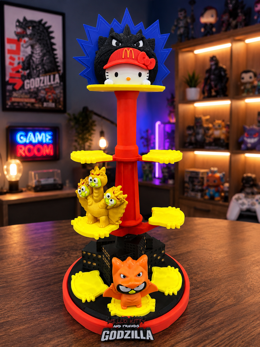 Inspired 3D Printed McDonald's Happy Meal Kitty Godzilla-Gift-Collection( Toys are not included,Shelf Only)