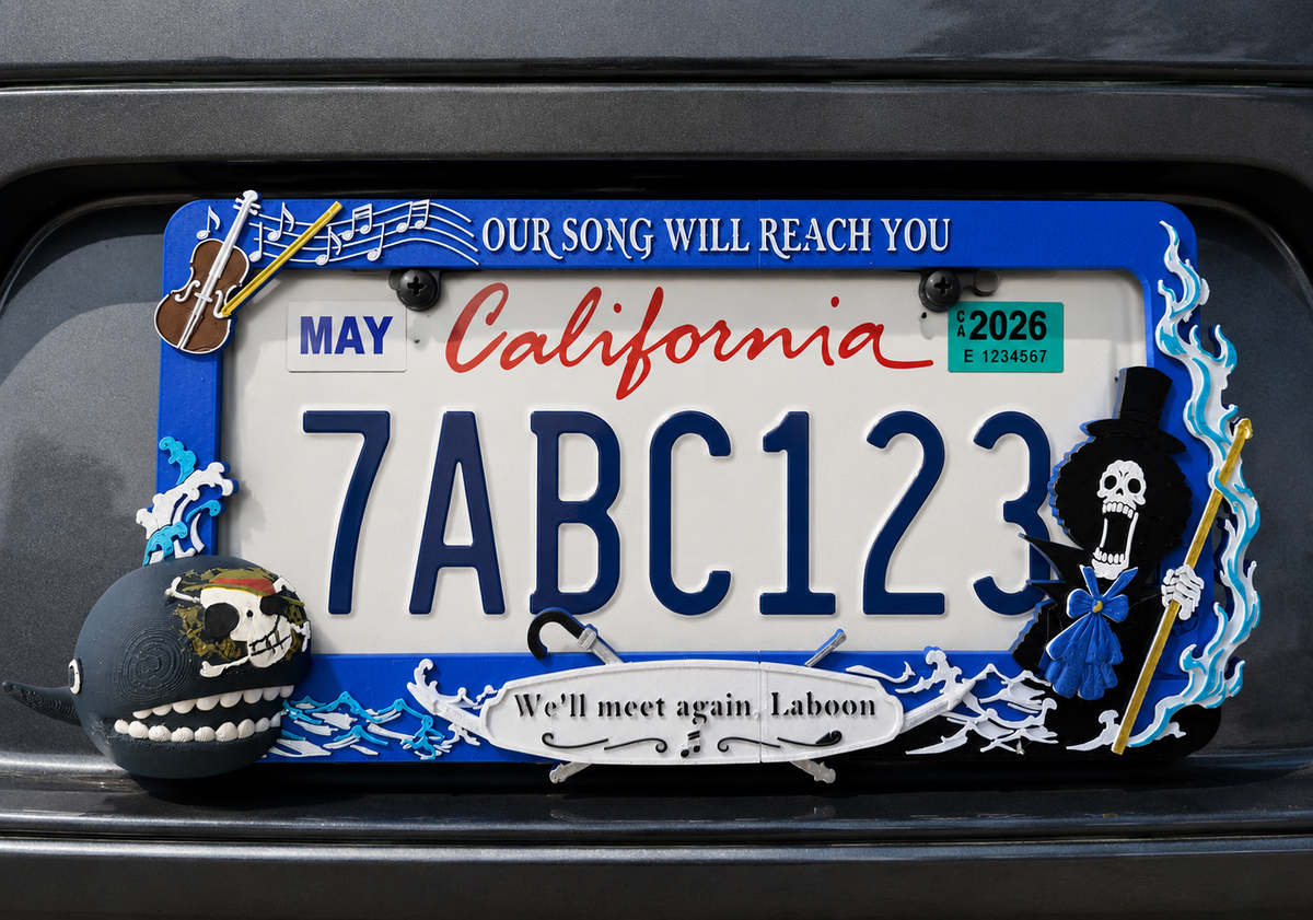 One Piece License Plate 3D Printed Over Metal Frame