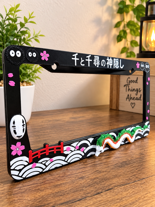 3D Printed Inspired Anime Soot Sprites Stud Ghibli License Plate Metal Frame – Handpaint-Unique Car Mod Accessory, Custom Gift for Car Show