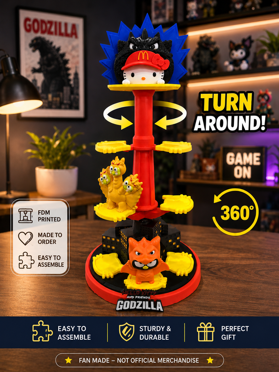 Inspired 3D Printed McDonald's Happy Meal Kitty Godzilla-Gift-Collection( Toys are not included,Shelf Only)